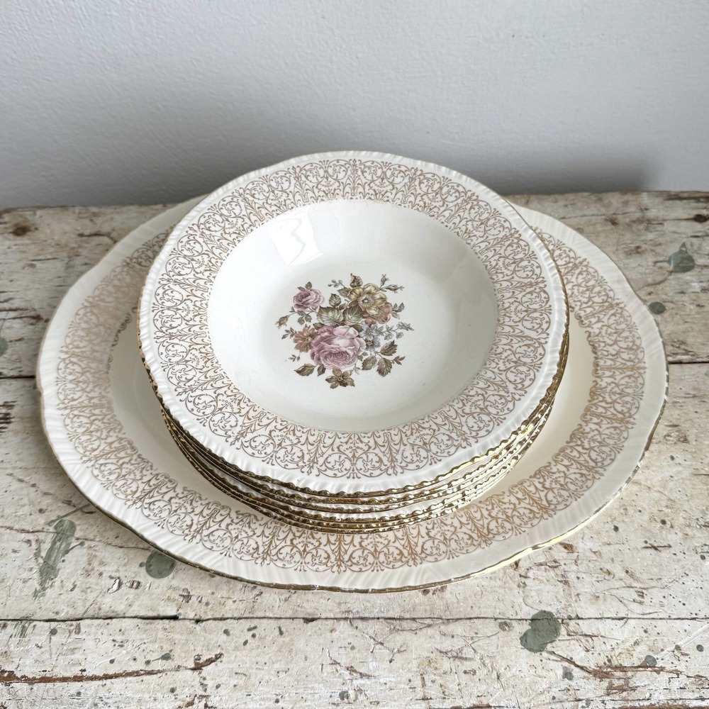 Homer Laughlin J50 N6 Vintage Floral Gold Filigree Soup Bowls Platter Set 7pc